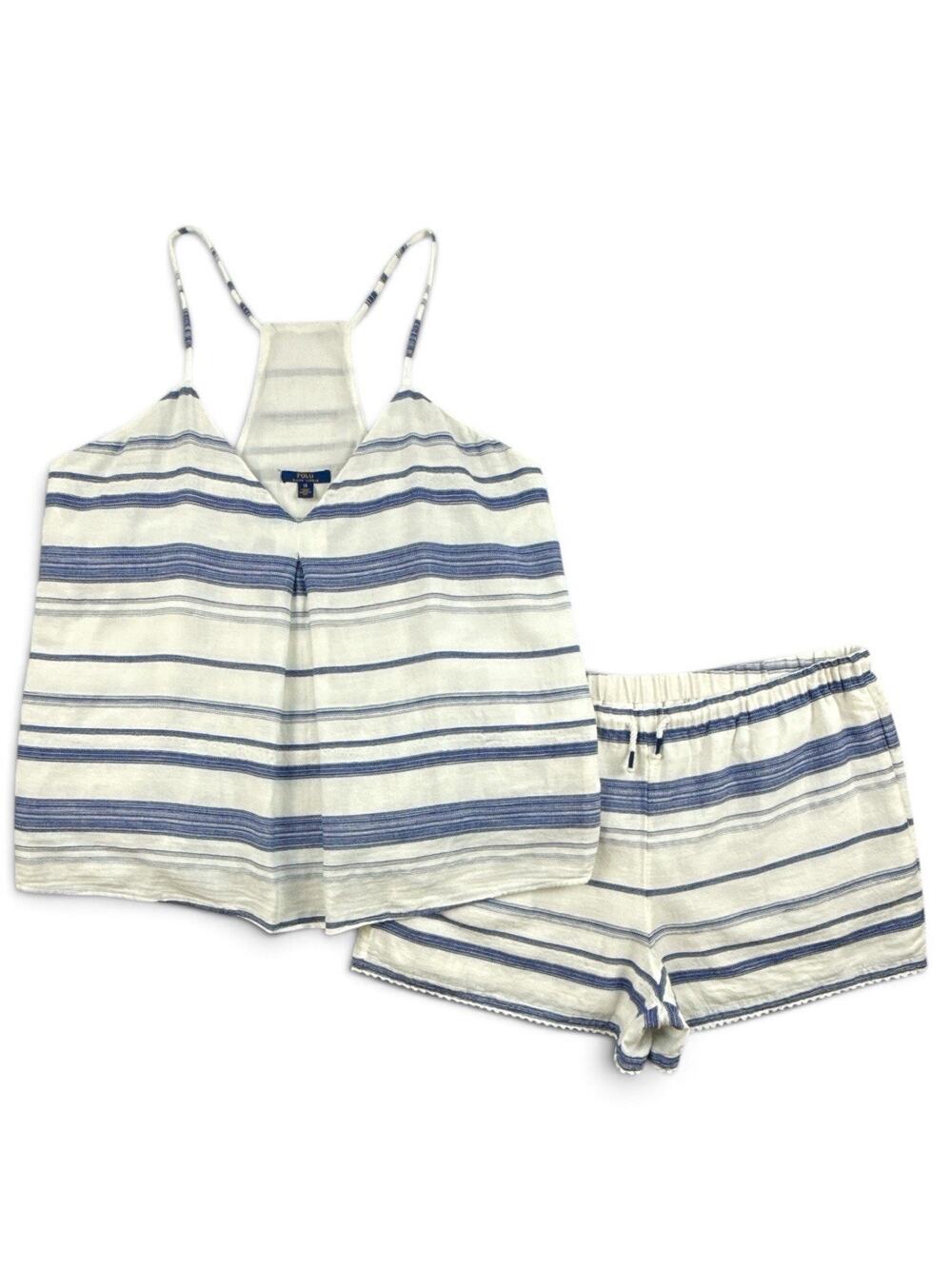 Polo Ralph Lauren Women’s 2 Piece Set White Blue Stripe Tank & Shorts Lined 14/M